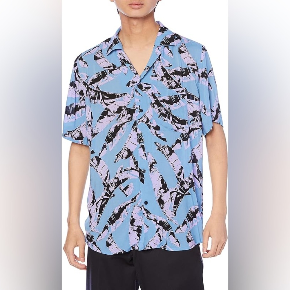 Hugo BOSS camp shirt small blue & purple leaf print button front